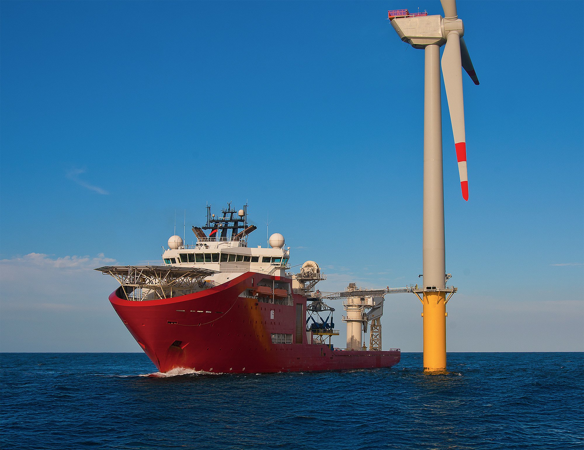 Service Operation Vessel with walk to work gangway deployed to offshore wind turbine